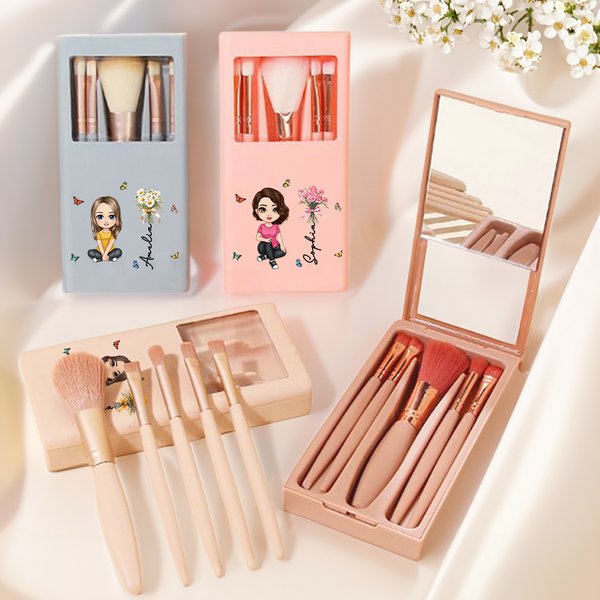 Custom Cartoon Character Makeup Brush Set with Birth Flower and Name, Makeup Brush Organizer with Brushes & Mirror, Birthday/Christmas Gift for Her