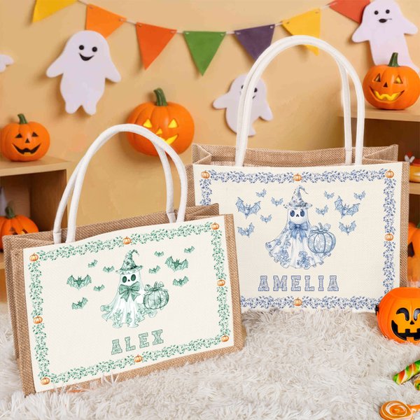 Personalized Bat Pumpkin Ghost Toile De Joey Large Jute Tote Bag with Name, Trick or Treat Halloween Party Gift for Kids/Women