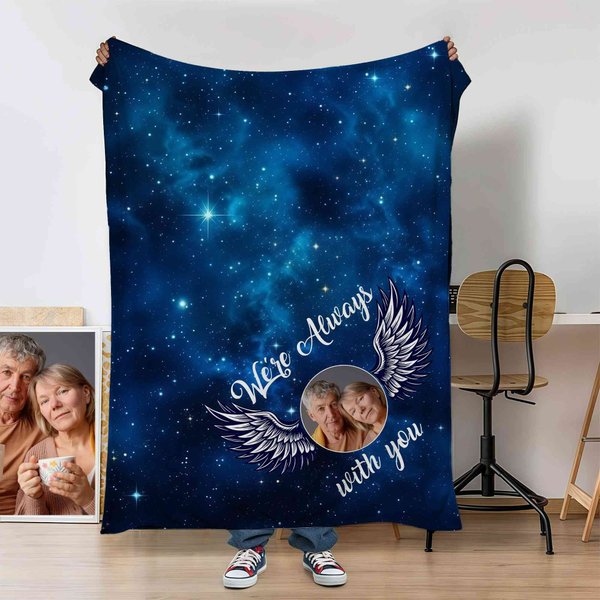 Personalized Angel Wing Photo Soft Throw Blanket with Text Remembrance In Loving Memory Sympathy Gift for Loss of Loved One