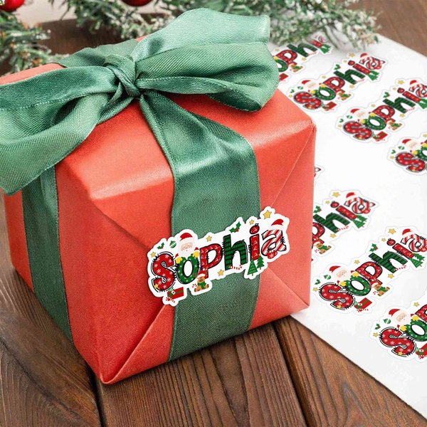 Personalized Santa Claus Elk Design Waterproof Stickers with Name for Gift Decor, Christmas Party Favors, Christmas Gifts for Family/Friends