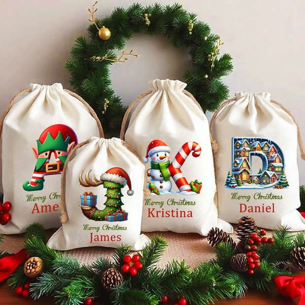 Personalized Name Initial Christmas Canvas Gift Bag with Elf/Tree/Snowman/House Letter Design, Christmas Party Favors, Christmas Gift for Kids/Family
