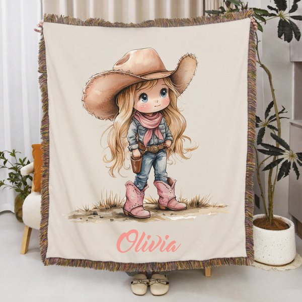 Personalized Cute Cartoon Cowboy Cowgirl Tassel Soft Flannel Blanket with Name, Home Decoration, Birthday Gift for Kids/Cowboy Lovers