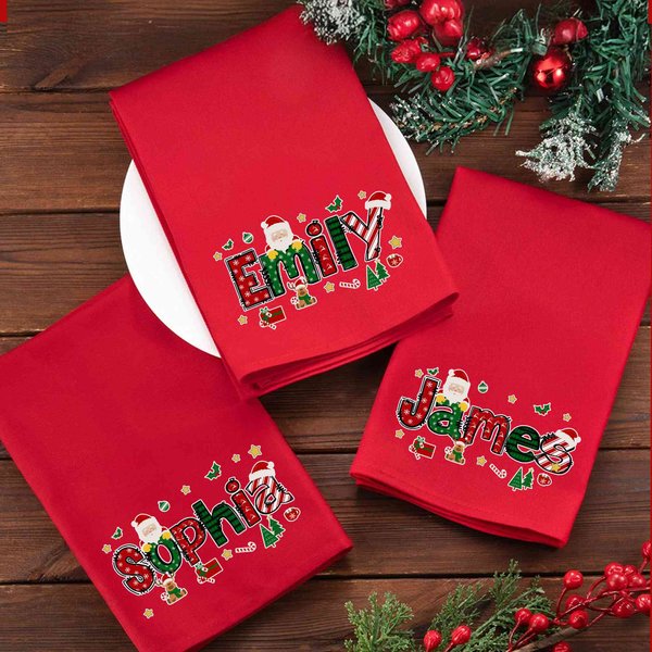 Personalized Name Cartoon Christmas Theme Napkin, Christmas Tree Santa Elk Red Napkin, Table Decor, Christmas/Housewarming Gift for Family/Friend