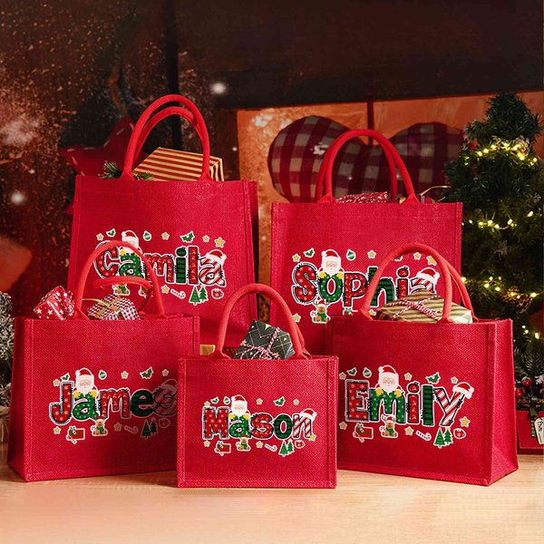 Personalized Santa Claus Christmas Theme Alphabet Large Jute Tote Bag with Name, Christmas Party Favor, Christmas/Holiday Gift for Kids/Family/Friends