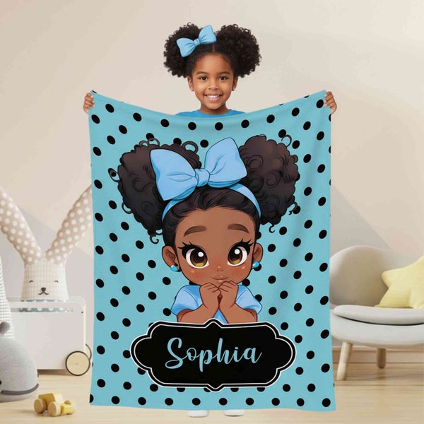 Personalized Polka Dots Cute Cartoon Little Girl Blanket with Name, Flannel/Sherpa Soft Bed Couch Throw, Home Decor, Birthday/Christmas Gift for Girls