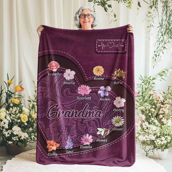 Personalized Vintage Birth Flower Soft Throw Blanket with 1-12 Names, Home Decoration, Birthday/Christmas Gift for Mom/Grandma/Her