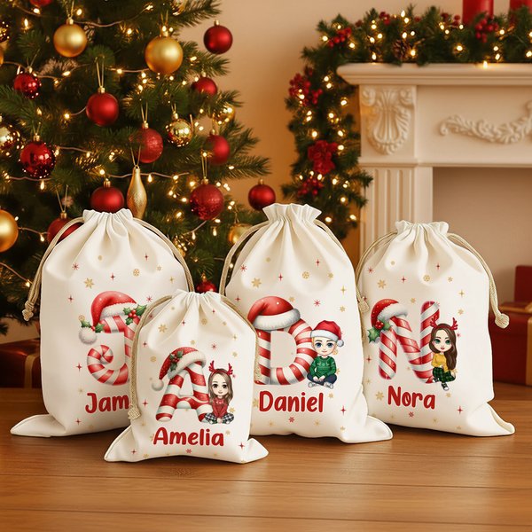 Custom Christmas Cartoon Character Candy Cane Initial Drawstring Bag with Name, Large Capacity Canvas Gift Bag, Christmas Gift for Family/Friends