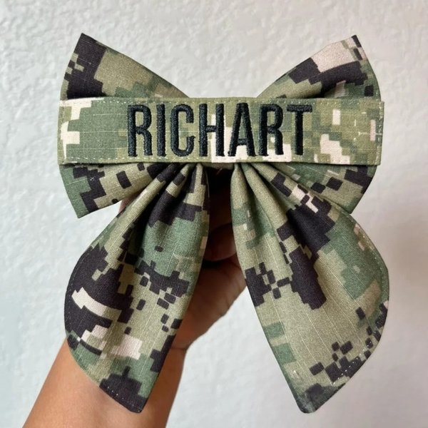 Personalized Embroidered Name Military Themed Tape Bows, Handmade Hair Accessories for Army, Navy, Marine, Deployment Homecoming