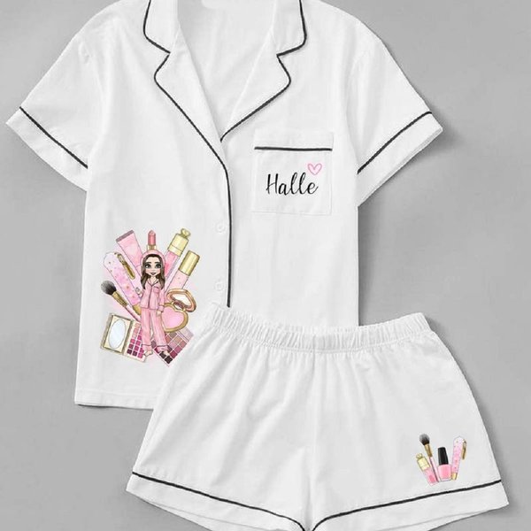 Personalized Makeup Doll Pajamas with Name, Satin Matching Top & Bottoms Pajamas Set, Birthday/Christmas Gift for Girls/Women/Kids
