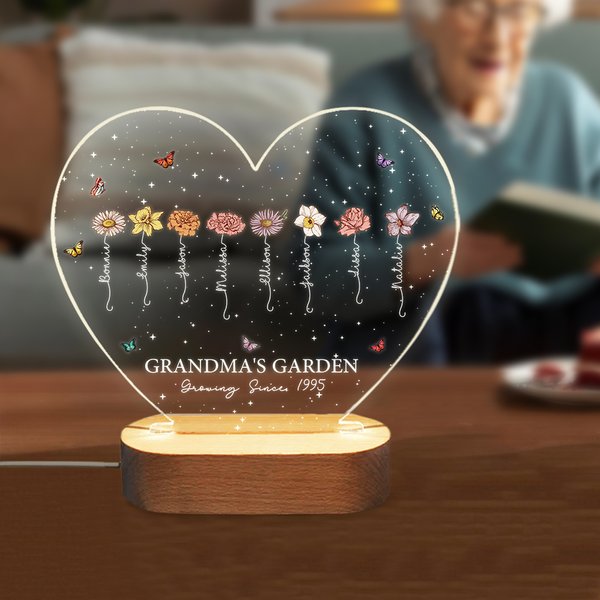 Custom 1-12 Birth Flowers Names Heart-Shaped LED Night Light, Night Lamp with Wooden Base, Home Decor, Mother's Day/Birthday Gift for Mom/Grandma