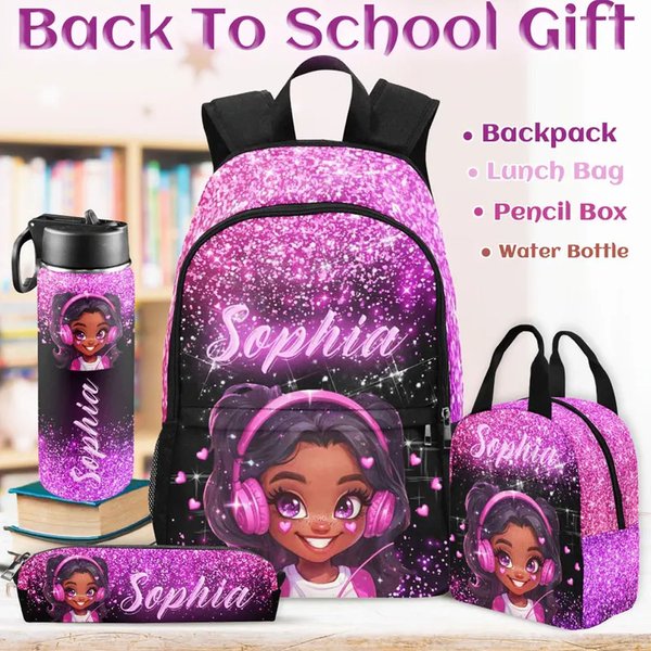 Custom Afro Black Girl School Bag with Name, Backpack/Lunch Bag/Pencil Box/Water Bottle, School Supplies, Back to School/Birthday Gift for Kids/Girls