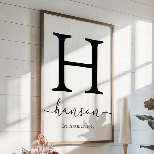 Personalized Wooden Name Sign with Initial and Date, Framed Art Painting, Rustic Home Decor, Birthday/Anniversary/Housewarming Gift for Friend/Family