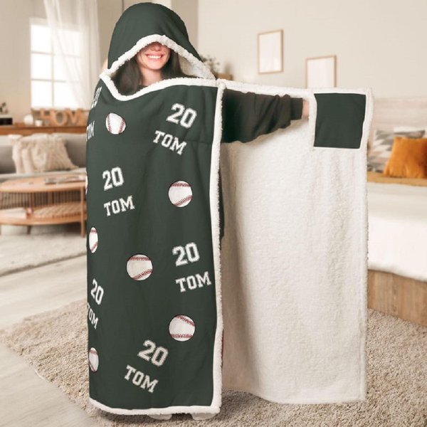 Personalized Baseball Wearable Hooded Blanket with Name and Number, Home Decor, Birthday Gift for Baseball Player/Lovers/Mom