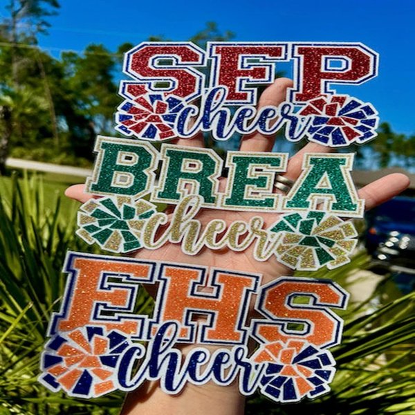 Cheer Glitter Stickers, Personalized Cheerleader High School Letters and Pom Poms, Stickers for Laptop Water Bottle Cups Tumblers