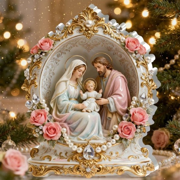 Divine Elegance - Décoration de la Sainte Famille, plaque de luxe en acrylique avec roses roses, perles et bordure dorée sur base ornée