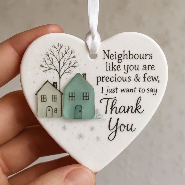 Thank You Neighbors Heart Shaped Acrylic Ornament, Winter Appreciation Gift with House & Snowflake Design
