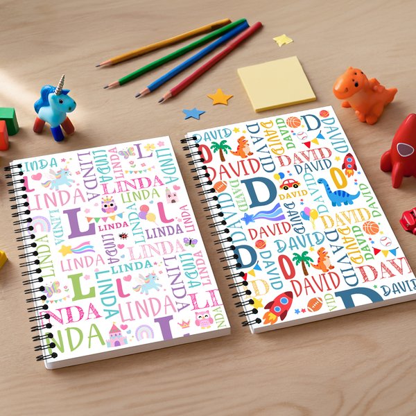 Custom Initial Fantasy Unicorn/Dinosaur Name Cloud Notebook, A5 Spiral Journal with 120 Lined Pages, Back to School/Birthday Gift for Kids/Students