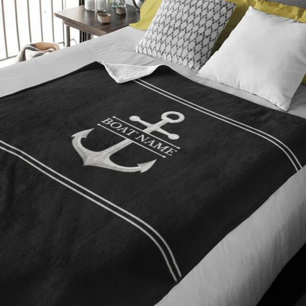 Personalized Nautical Anchor Blanket with Custom Boat Name, Custom Marine Style Throw for Home or Yacht