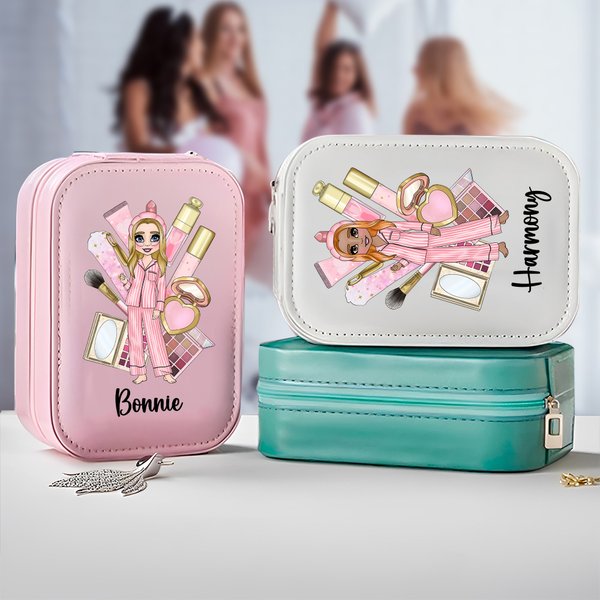 Personalized Pajama Party Girl Clipart Leather Jewelry Box with Three-Color LED Light Mirror