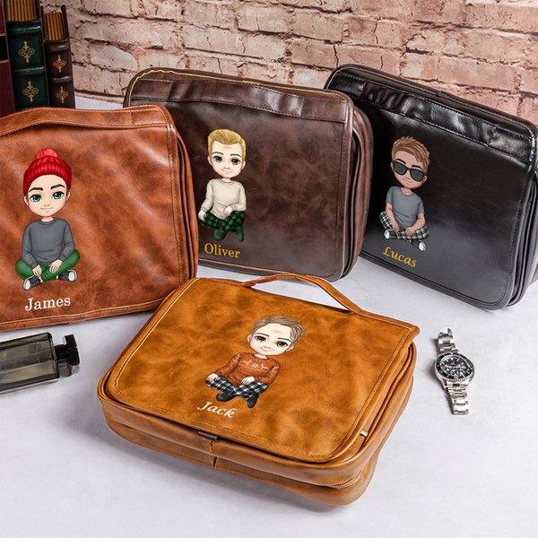 Custom Cartoon Man Character Hanging Toiletry Bag with Name, PU Leather Travel Organizer Bag, Travel Essential, Anniversary/Birthday Gift for Men