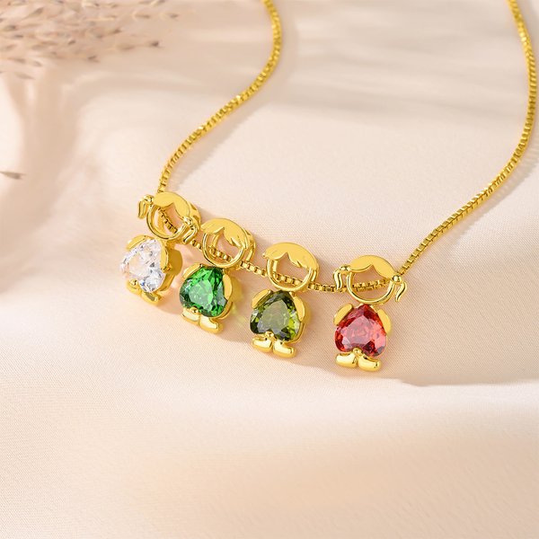 Custom Cute Boy Girl Charm Necklace with 1-6 Heart Birthstones, Dainty Jewelry, New Mom Present, Birthday/Baby Shower/Anniversary Gift for Mom/Kids