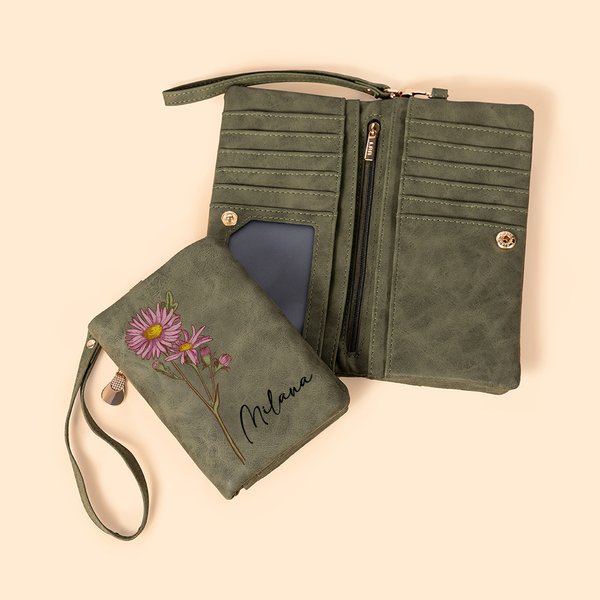 Custom Name Watercolor Birth Flower Tri-Fold Wristlet Wallet, Leather Card Holder with Wrist Strap, Birthday/Anniversary/Christmas Gift for Women
