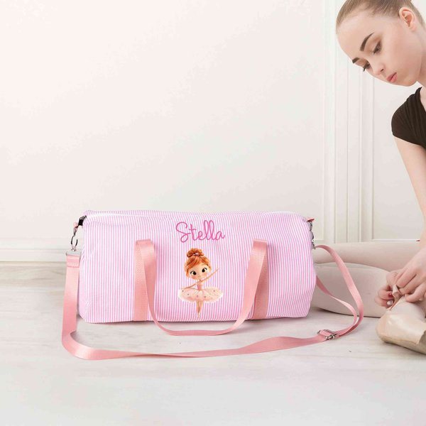 Custom Little Ballerina Mini Seersucker Duffle Bag with Name & Shoulder Strap, Travel Essentials, Back to School/Birthday Gift for Girls/Dance Lovers