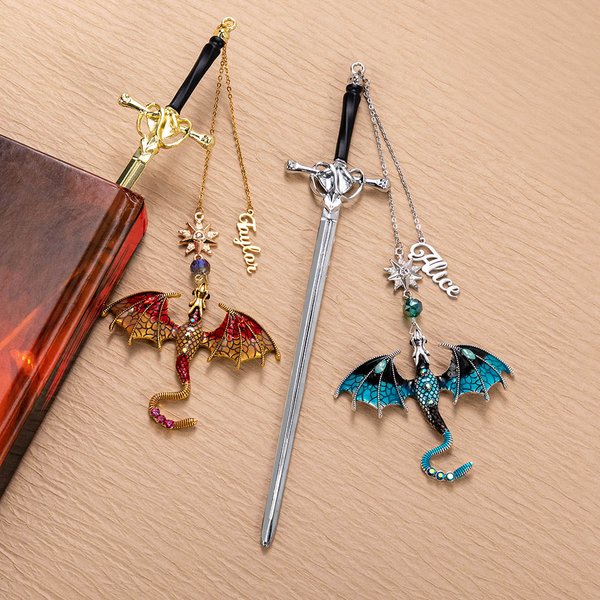 Personalized Fantasy Dragon Sword Bead Star Bookmark with Name, Fourth Wing Dragon Bookmark, Reading Accessory, Birthday Gift for Readers/Bookworms