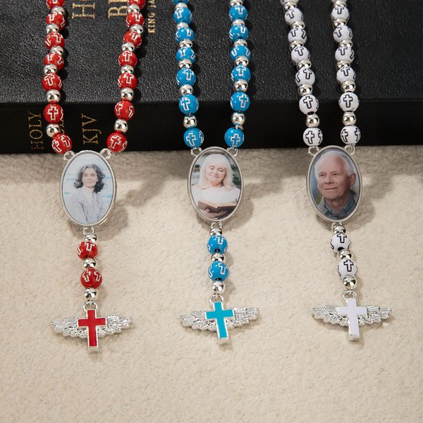 Personalized Photo Cross Rosary Beaded Necklace with Angel Wings, Memorial Jewelry, Birthday/Christmas/Religious Gift for Family/Friend/Christian