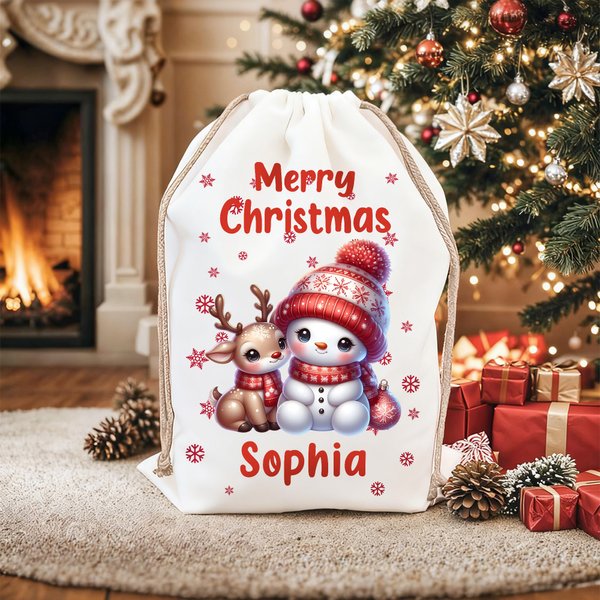 Personalized Merry Christmas Cute Snowman Drawstring Canvas Gift Bag with Name Christmas Party Gift for Kids Family