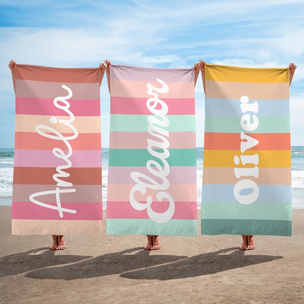 Personalized Colorful Classic Stripe Oversized Quick Dry Beach Towel with Name Travel Essentials Summer Holiday Party Gift for Family Friends