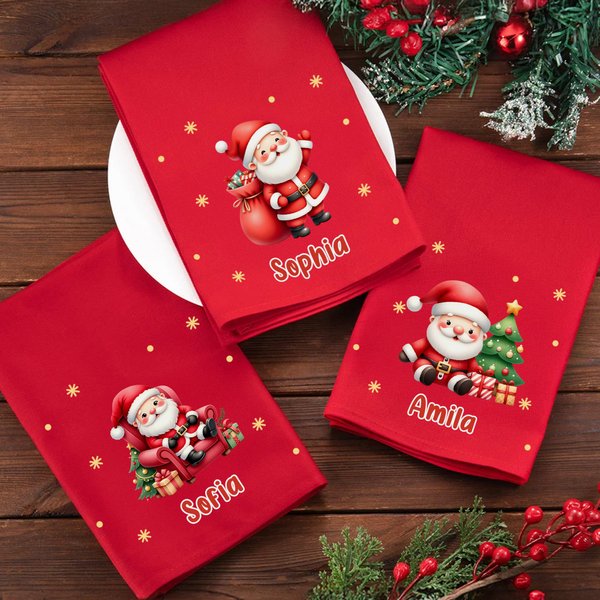 Personalized Cute Santa Claus 100% Cotton Reusable Red Napkin with Name Table Decor Christmas Gift for Family Friend