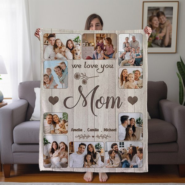 Personalized 10 Family Photos Soft Throw Blanket with 1-8 Names and Text Home Decor Mother's Day Father's Day Birthday Gift for Mom Grandma Dad