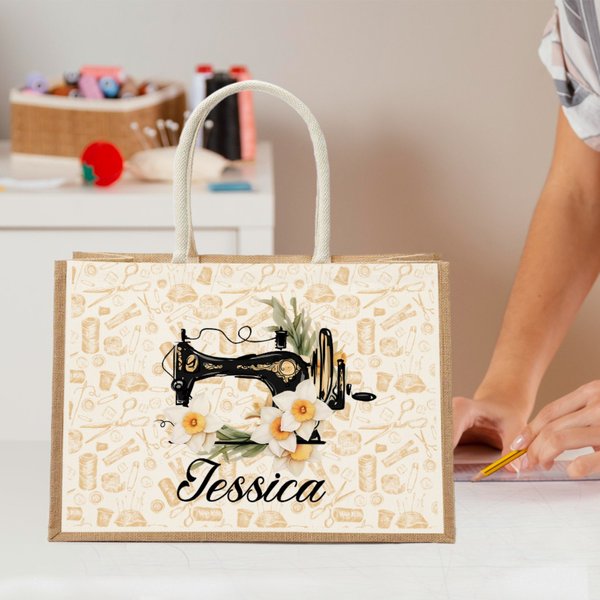 Personalized Sewing Machine Birth Flower Large Jute Tote Bag with Name Travel Accessories Holiday Appreciation Birthday Gift for Women Sewing Lovers