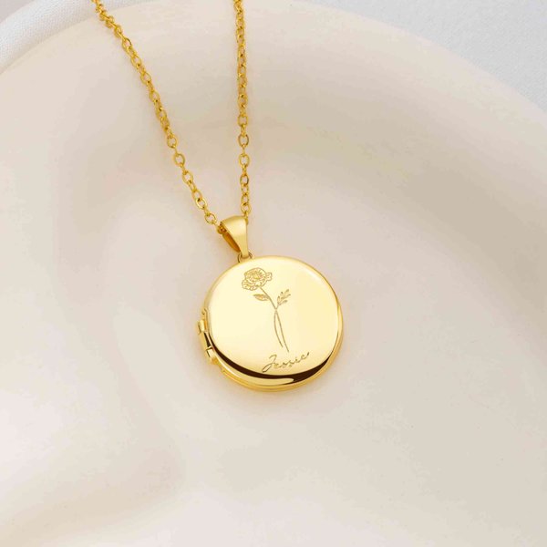 Personalized 1-5 Birth Flowers Locket Necklace with Engraved Name and 2 Photos Dainty Jewelry Anniversary Birthday Gift for Women