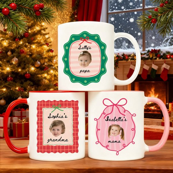 Personalized Baby Face Photo Christmas Element Border Multicolor Ceramic Mug with Name Christmas Gift for Family Kids