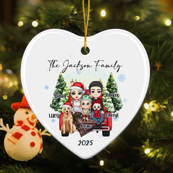 Personalized Christmas Tree Cartoon Character Ornament with Name and Title, Ceramic Heart-Shaped Holiday Tree Hanging Decor, Christmas Gift for Family