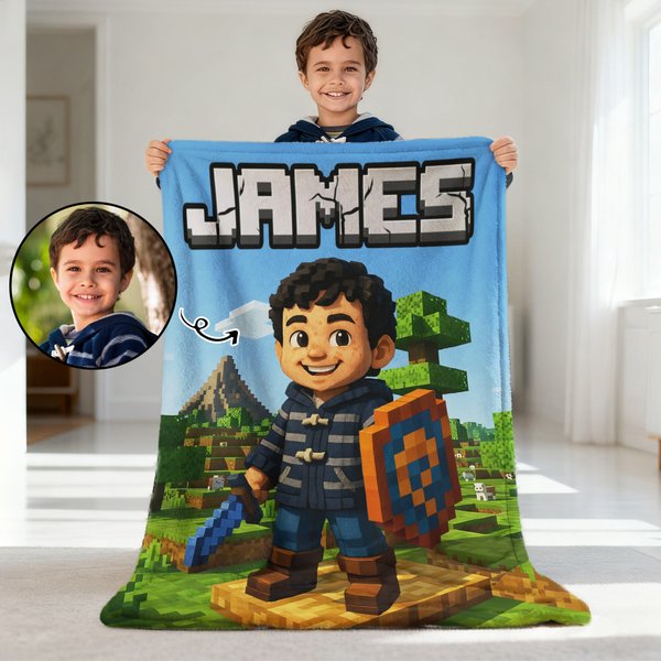 Personalized 3D Pixel-Style Photo Soft Throw Blanket with Name Home Decor Holiday Birthday Christmas Gifts for Kids Game Lovers