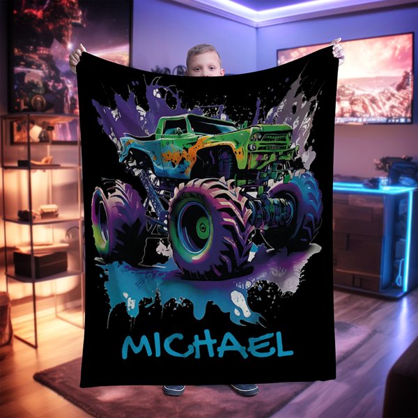 Personalized Big Wheel Off-Road Truck Soft Throw Blanket with Name Home Decor Birthday Gift for Children