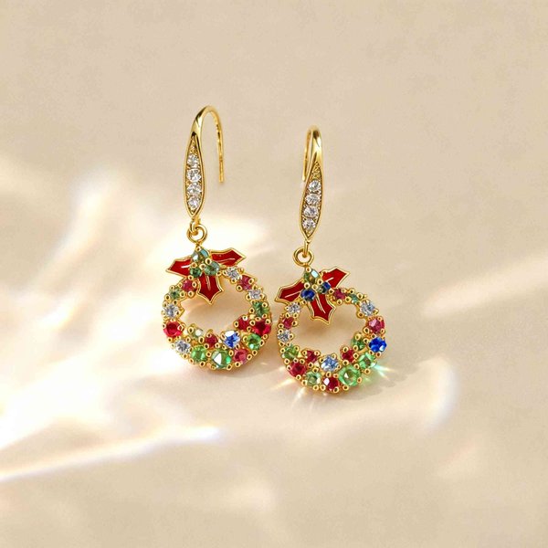 Christmas Wreath Dangle Earrings, Sparkling Festive Holiday Jewelry, Ideal Gift for Women and Girls