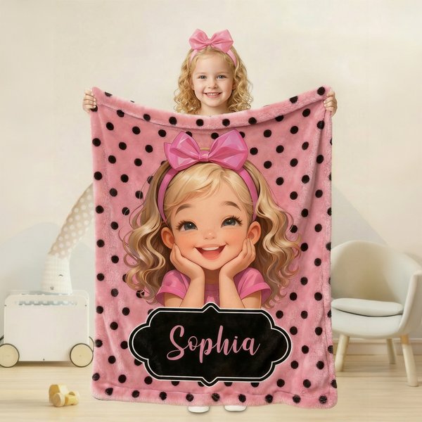 Personalized Polka Dots Cute Cartoon Little Girl Blanket with Name, Flannel/Sherpa Soft Bed Couch Throw, Birthday/Christmas Gift for Girls