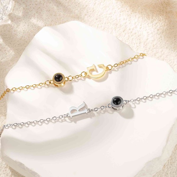 Personalised 100 Languages I Love You Micro-Carved Projection Photo Bracelet with Initial Dainty Jewelry Anniversary Birthday Gift for Women