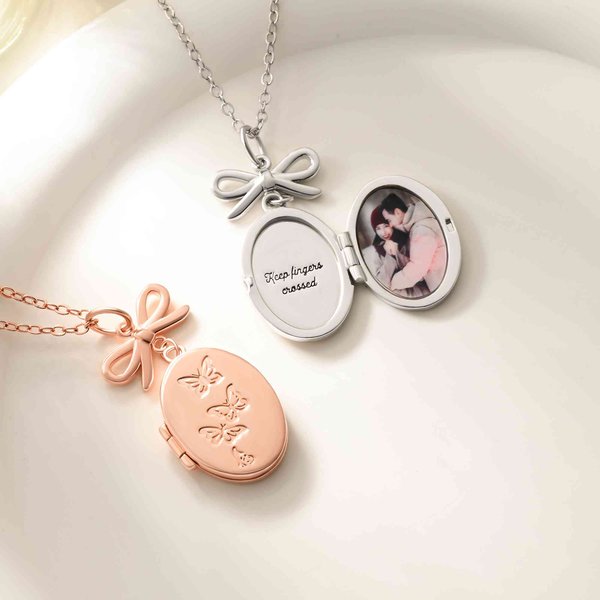 Personalized Vintage Oval Butterfly Photo Necklace with Bow Charm and Engraved Text Memorial Jewelry Birthday Anniversary Gift for  Women