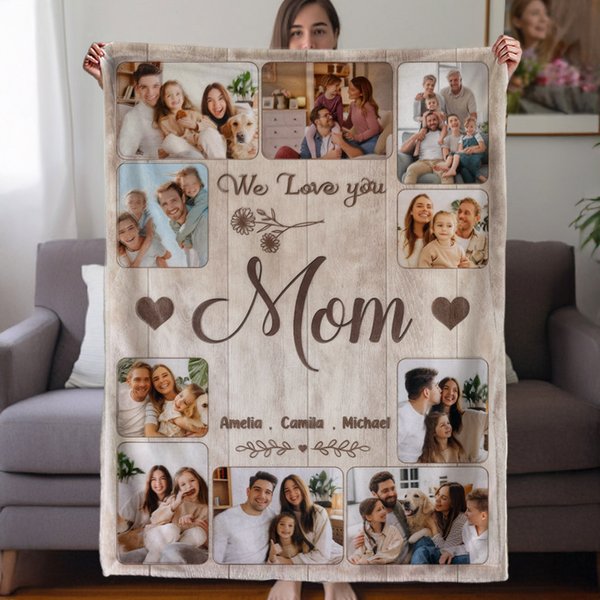 Personalized 10 Family Photos Soft Throw Blanket with 1-8 Names and Text Home Decor Mother's Day Father's Day Birthday Gift for Mom Grandma Dad