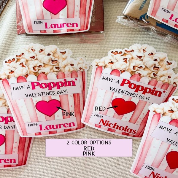 Custom Name Labels for Kids, Personalized Valentine’s Day Popcorn Stickers, Boys and Girls, Perfect Classroom Gifts