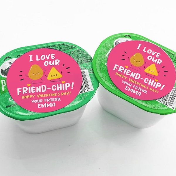 Personalized I Love Our Friend Chip Sticker with Name, Non-candy Valentine Label, School/Classroom Valentine, Valentine's Day Gift for Kids