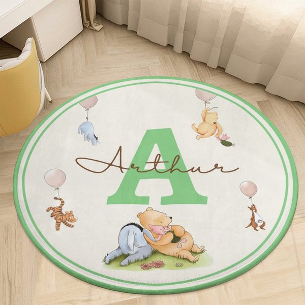 Personalized Classic Winnie the Pooh Round Fleece Floor Mat with Name & Initial, Non-slip Washable Rug for Nursery/Bedroom, Gift for Kids/Boys/Girls