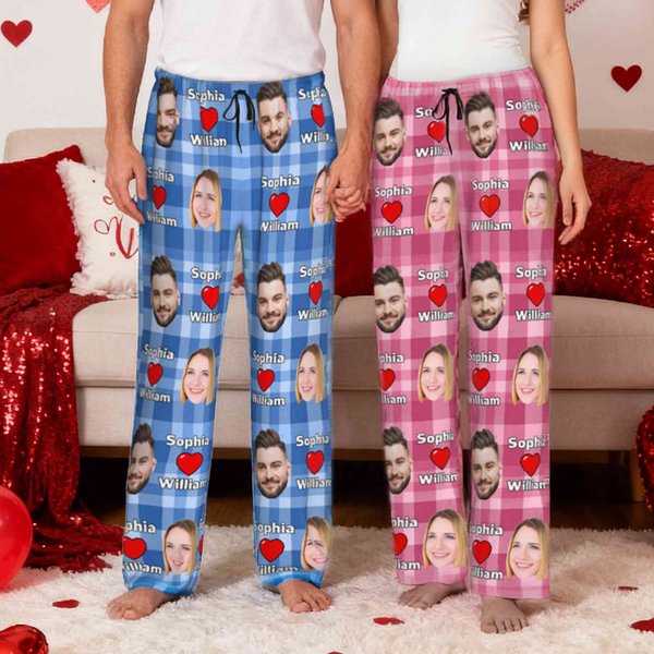 Personalized Heart Couples Portrait Photos Long Pajama Pants with Name and Drawstring Valentine's Day Birthday Gift for Women Men Couples