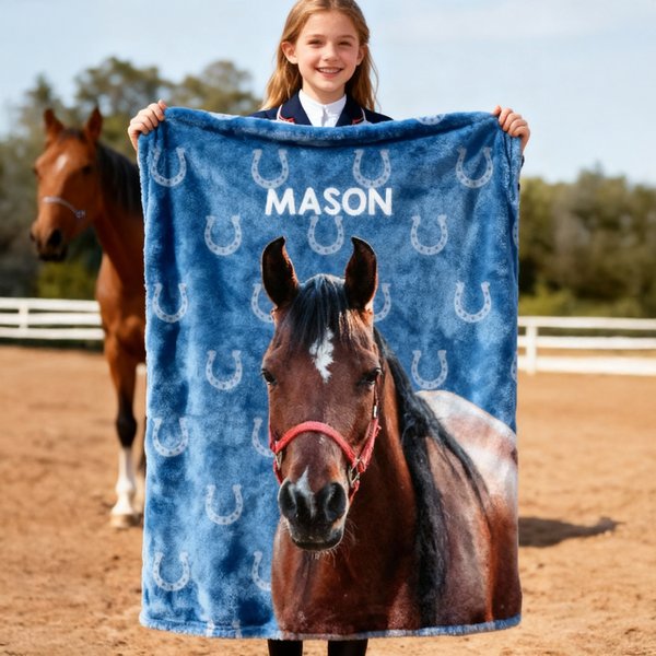Personalized Painted Horse Photo Horseshoe Print Soft Throw Blanket with Name Home Decor Birthday Gifts for Horse Lovers Family Friends