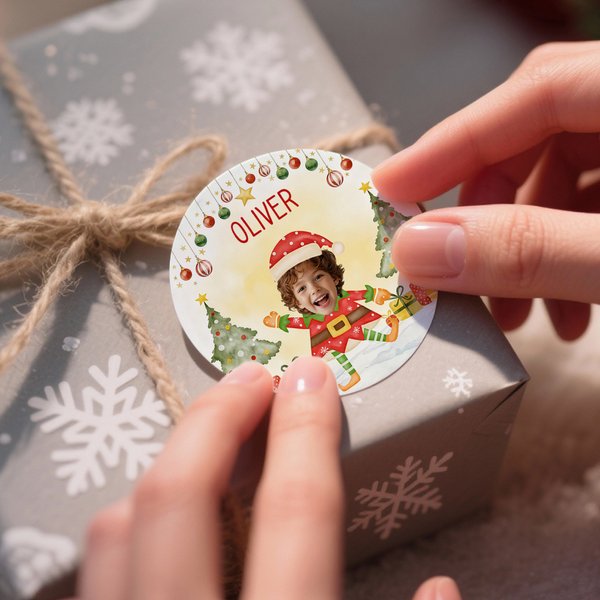 Personalized Elf Santa Claus Snowman Set of 2 Waterproof Stickers Labels with Name and Photo Gift Decor Christmas Party Favor for Family Kids